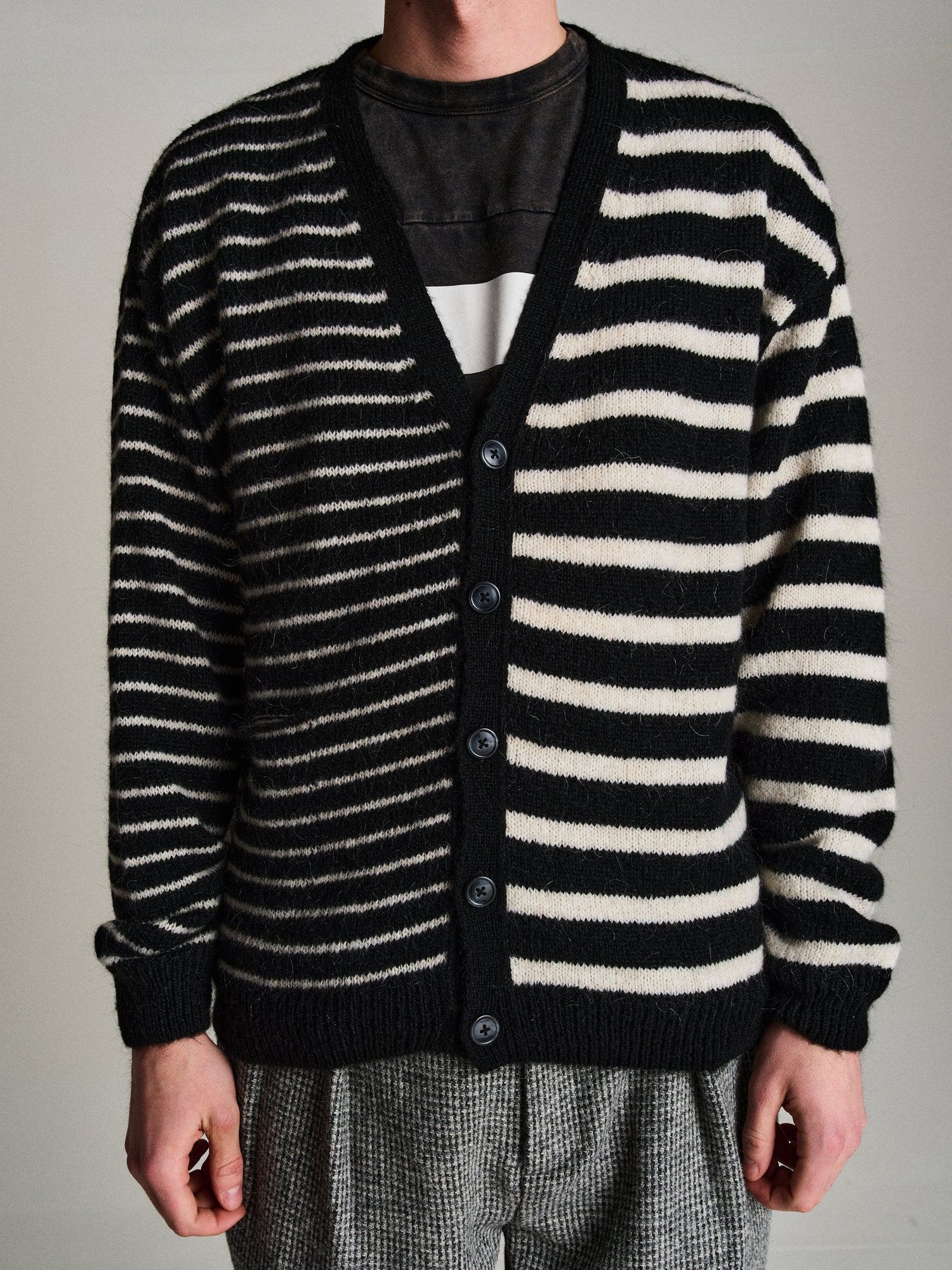 Pop Mohair Striped Knitted Cardigan Black/White