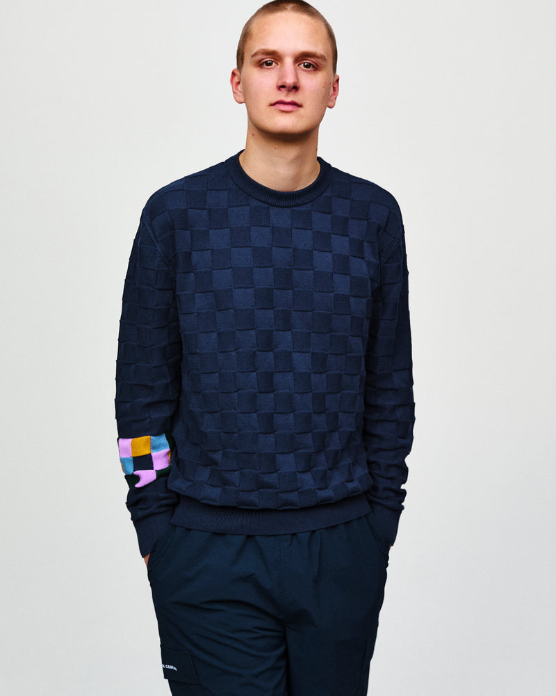 Pop Checked Panel Knitted Crewneck Navy/Multi