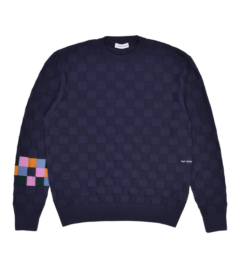 Pop Checked Panel Knitted Crewneck Navy/Multi